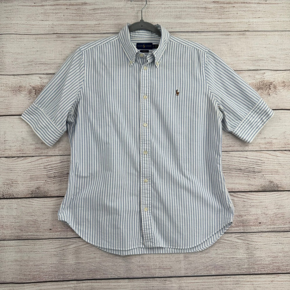 Ralph Lauren Button Down Shirt Women L Blue White Striped Slim Fit Short Sleeve